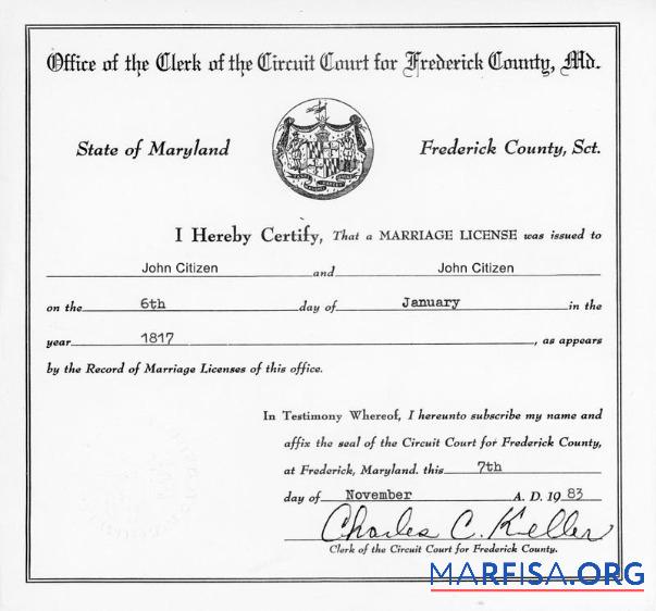 Downloadable USA Office of circuit court for Frederick county marriage certificate example